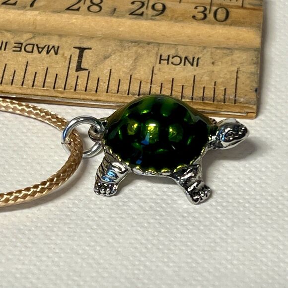 Green And Silver Turtle Charm Necklace On 18" Waxed Cord w/ Extension - Picture 7 of 9